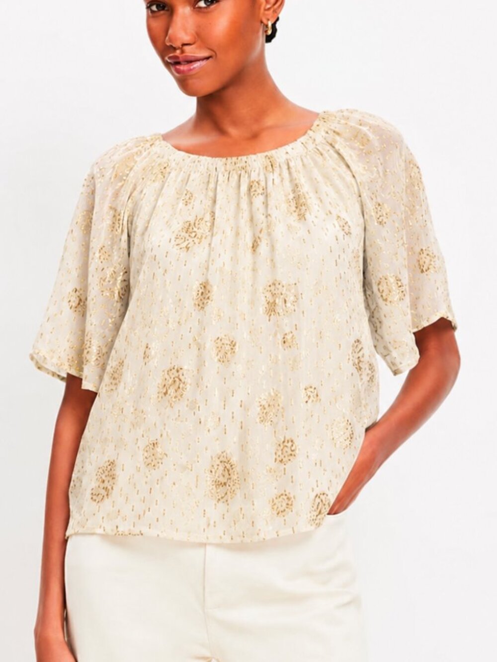 LOFT Ivory Gold Shimmer Seashell Flutter Sleeve Tie Back Blouse Top SZ Medium
